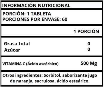 VITAMINA C MASTICABLE (ÁCIDO ASCÓRBICO) - 60 TABLETAS 500 MG